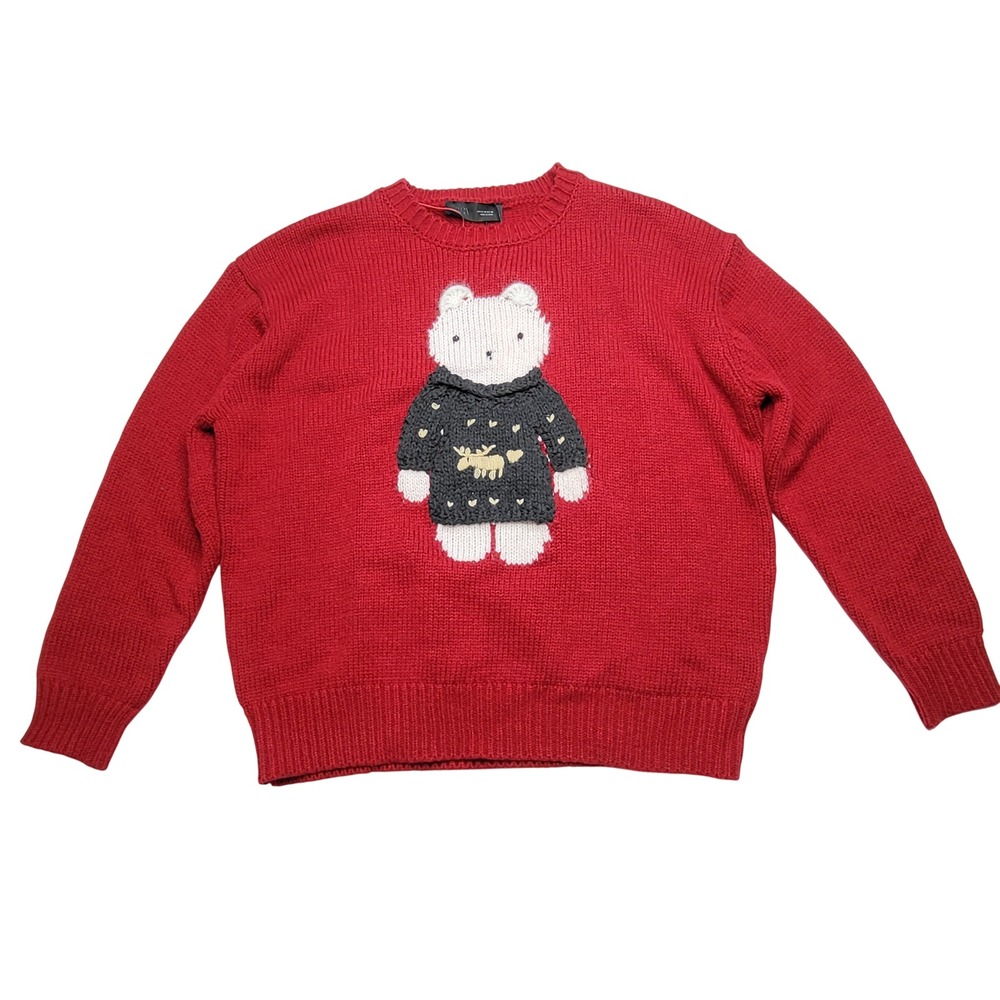 Zara Knit Jumper Sweater Embroidered Bear Red Crewneck Wool Blend Holiday Medium